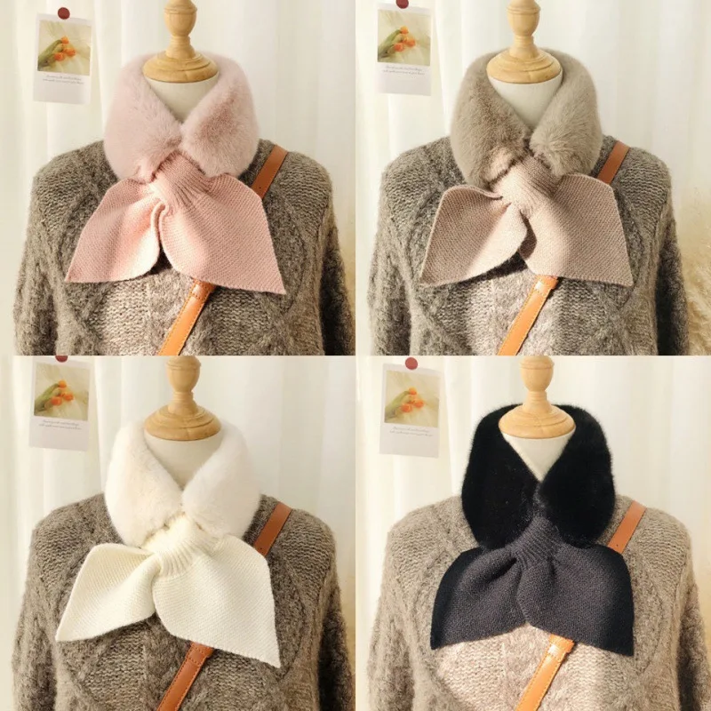 

Winter Warm Faux Fur Plush Scarf Ring Style Collar Neck Cross Scarves Knitting Wool Neck Warmer Shawl Neckerchief