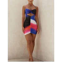 new multicolor dresses for women 2021 halter sexy nightclub style hit color pleated short bag hip skirt hollow out painted dress