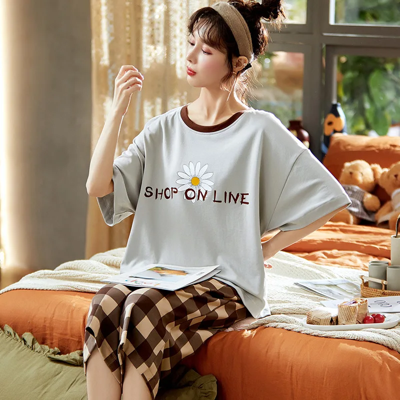

Calf-Length Pants Sleep Tops Women's pajamas Set Cotton Korean Style Plus Size Sleepwear Female Girl pijama underwear summer new