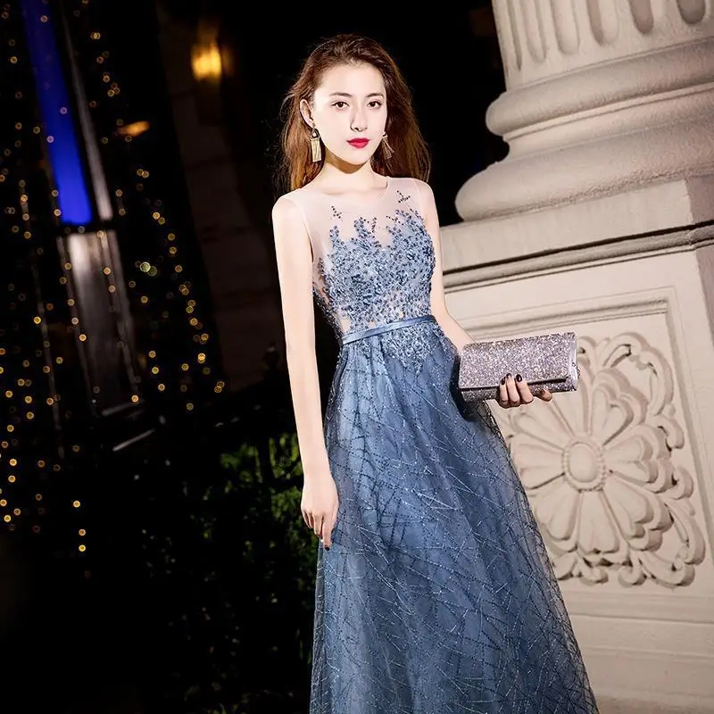 

Mingli Tengda Bridesmaid Dresses Gray-blue Woman Lace Navy Long Wedding Party Guest Bridemaid Formal Elegant Dress Champagne