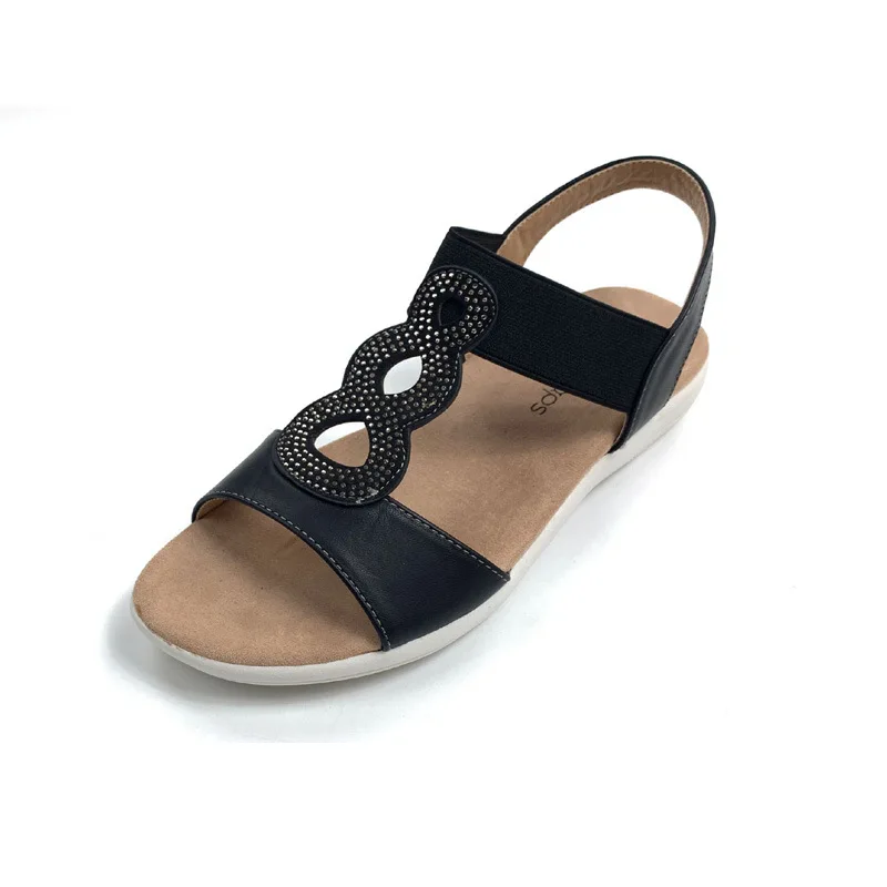 

Rhinestone Sandals Large Size Black Shoes for Women Soft Summer Heels All-Match Big Beige Fashion Low Flat Elastic Band Gladiato