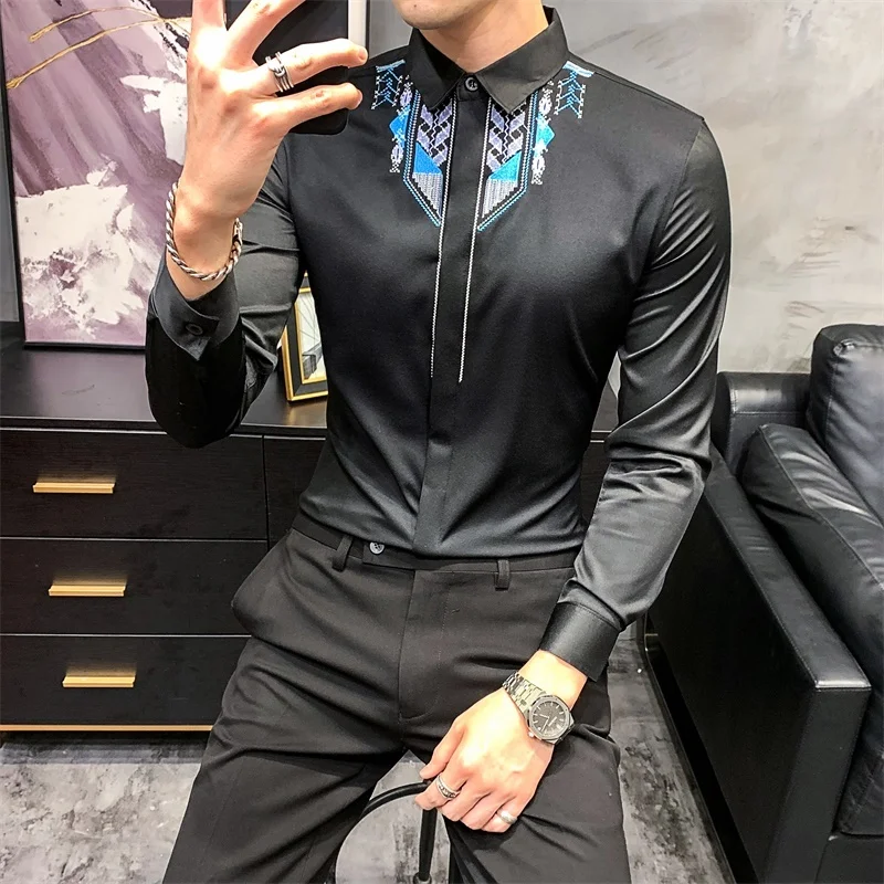 

Solid Color Embroidery Camisas Para Hombre Korean Shirt Men Clothes 2021 Spring Dress British Style Social Long Sleeve Shirt Men