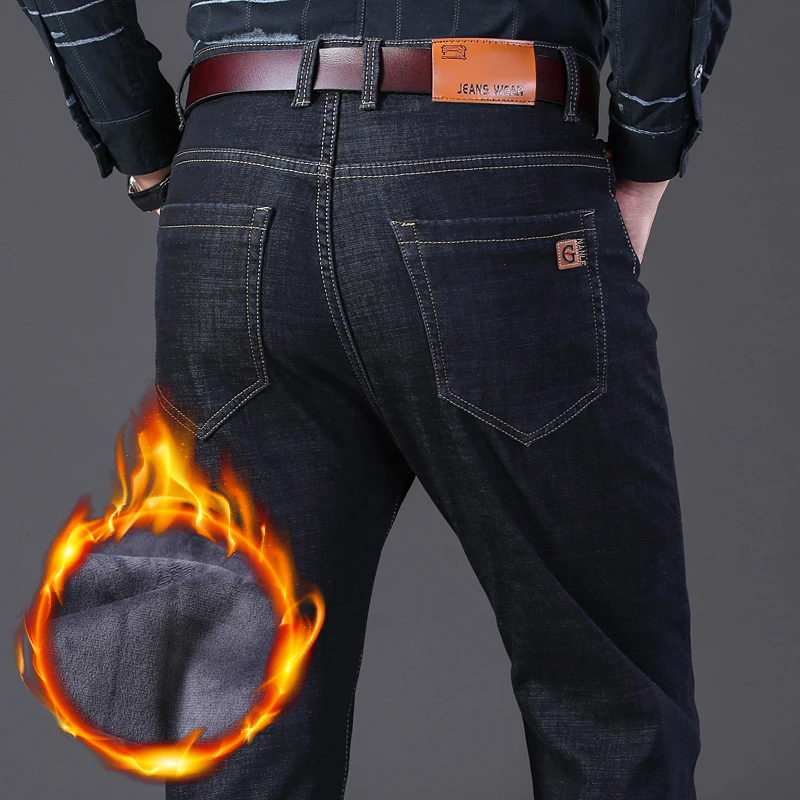 NIGRITY зимние мужские теплые флисовые джинсы стрейч повседневные Прямые толстые