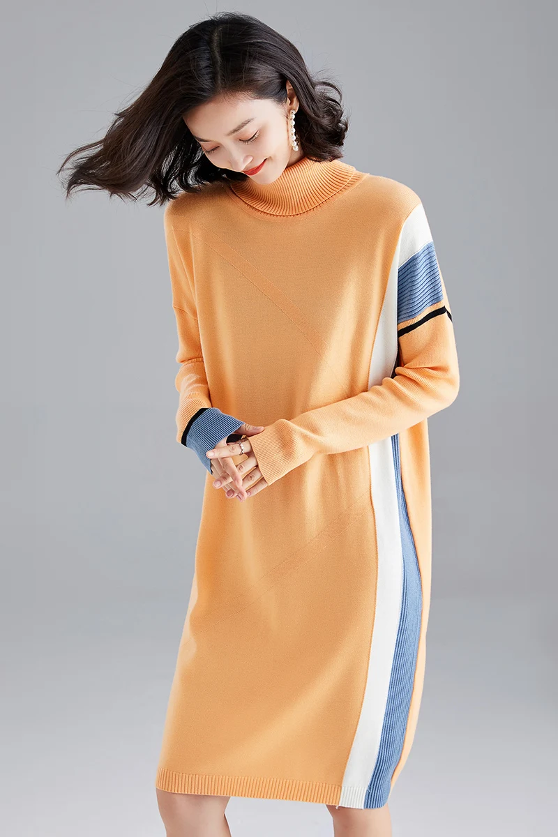 Осенне-зимнее женское кашемировое платье с высоким воротником платье-пуловер