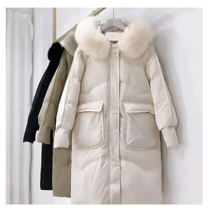

2021 женская зимняя куртка удлиненная Толстая куртка Женская парка с капюшоном на белом утином пуху пальто