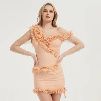 2021 new autumn women long sleeve bandage party sexy strapless polka dot lace celebrity bodycon club mini dress vestidos