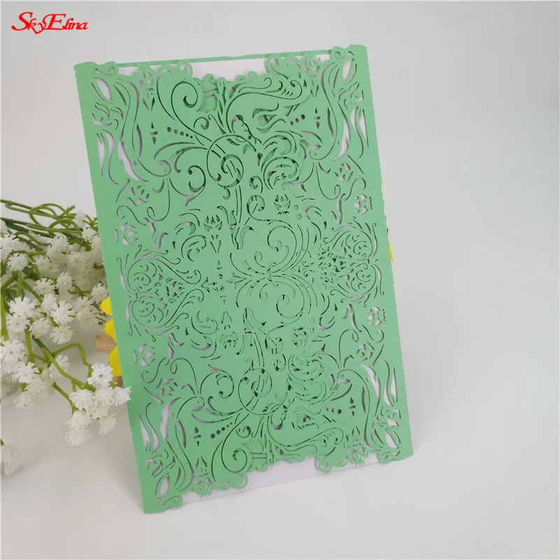 light green 10/30 шт. белый лазерный разрез с роскошной флорой и свадебные Приглашения карты элегантное кружево пользу свадьбы печать конвертов Свадебная вечеринка украшения 6z - Цвет: light green