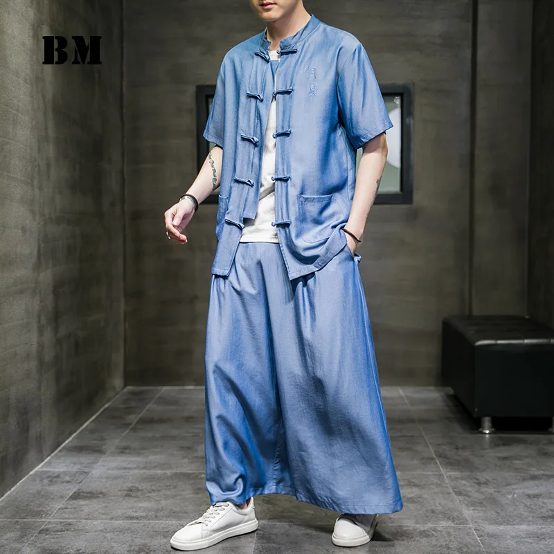 

Chinese Traditional Dress 2021 Summer Thin Ice Silk Tai Chi Suit Short Sleeve Kung Fu Uniform Plus Size Hanfu Men Clothing