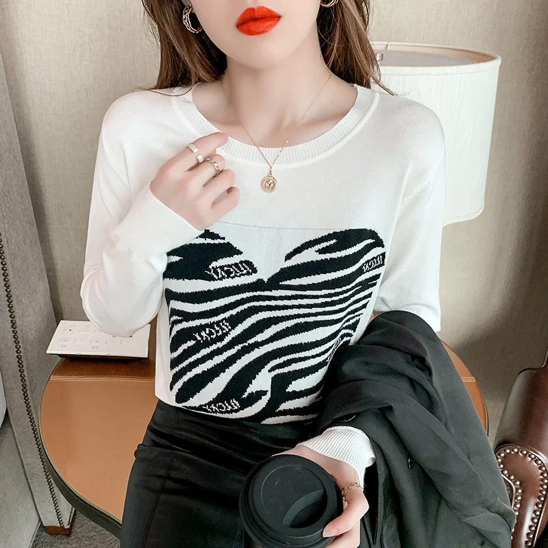 

Zebra Pattern Long-Sleeved Sweater for Women 2021 Spring and Autumn New Versatile round Neck Pullover Bottoming Shirt Inner Wear