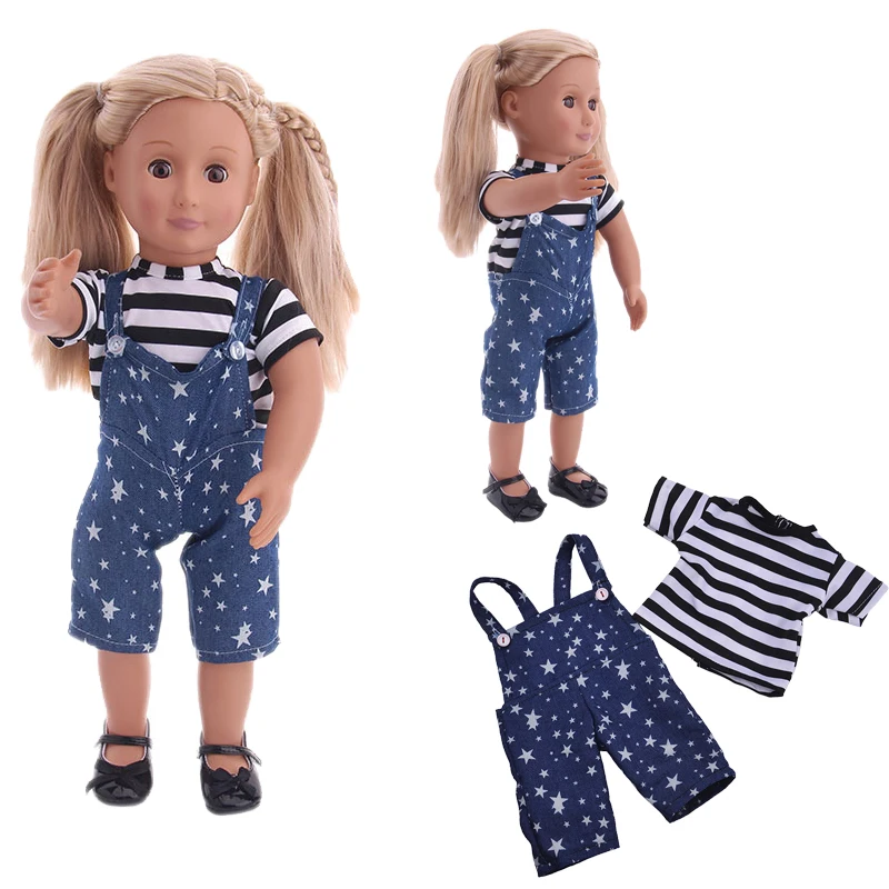 

2 шт./компл., звездное небо, джинсовые подтяжки, кукольная одежда для 18 дюймов, американская кукла для девочек и 43 см, Новорожденный ребенок, т...