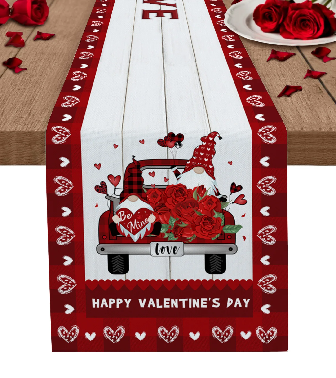 

Valentine'S Day Gnome Truck Wood Grain Table Runner Luxury Wedding Decor Table Cover Holiday Home Ornament Dinner Tablecloth