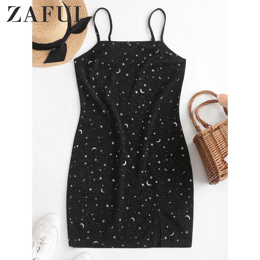 ZAFUL Moon And Star платье на бретельках с металлическими нитями и разрезом Звездное для