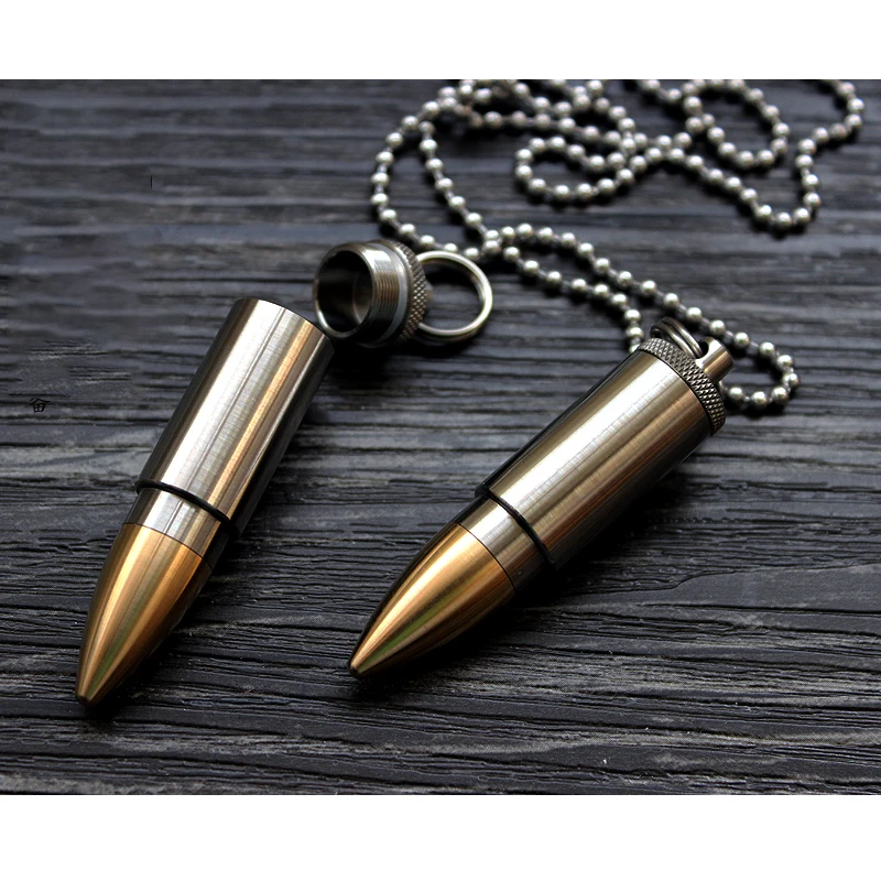 

Brass+Titanium Pendant Keychain Waterproof Pill Box With Necklace Chain