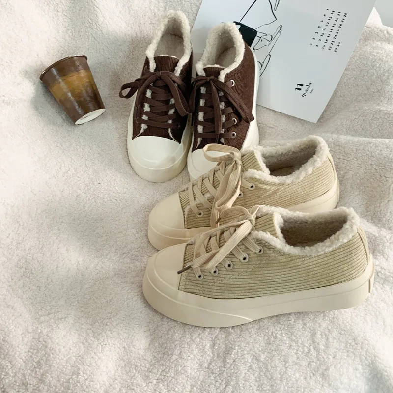 

Fashion Women Winter Shoes Plush Keeping Warm Canvas Casual Sneakers Lace-up Thick Cloth Cotton Shoes Baskets femme Ladies Flats
