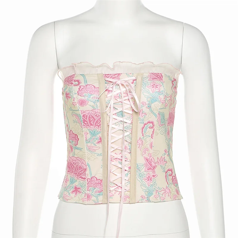 

Y2K Pink Lace-up Corset Top Sleevless Off Shoulder Strapless Tube Top Sexy Women 90s Vintage Printed Crop Vest Aesthetic Clothes
