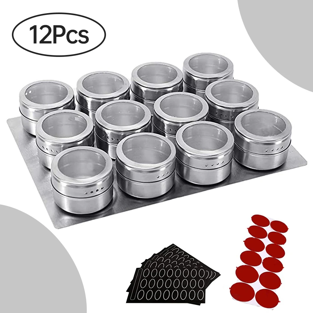

12PCS Magnetic Spice Jars Set BBQ Spice Tins Cans Stainless Steel Seasoning Storage Box Container With Spice Label Tray Kitchen