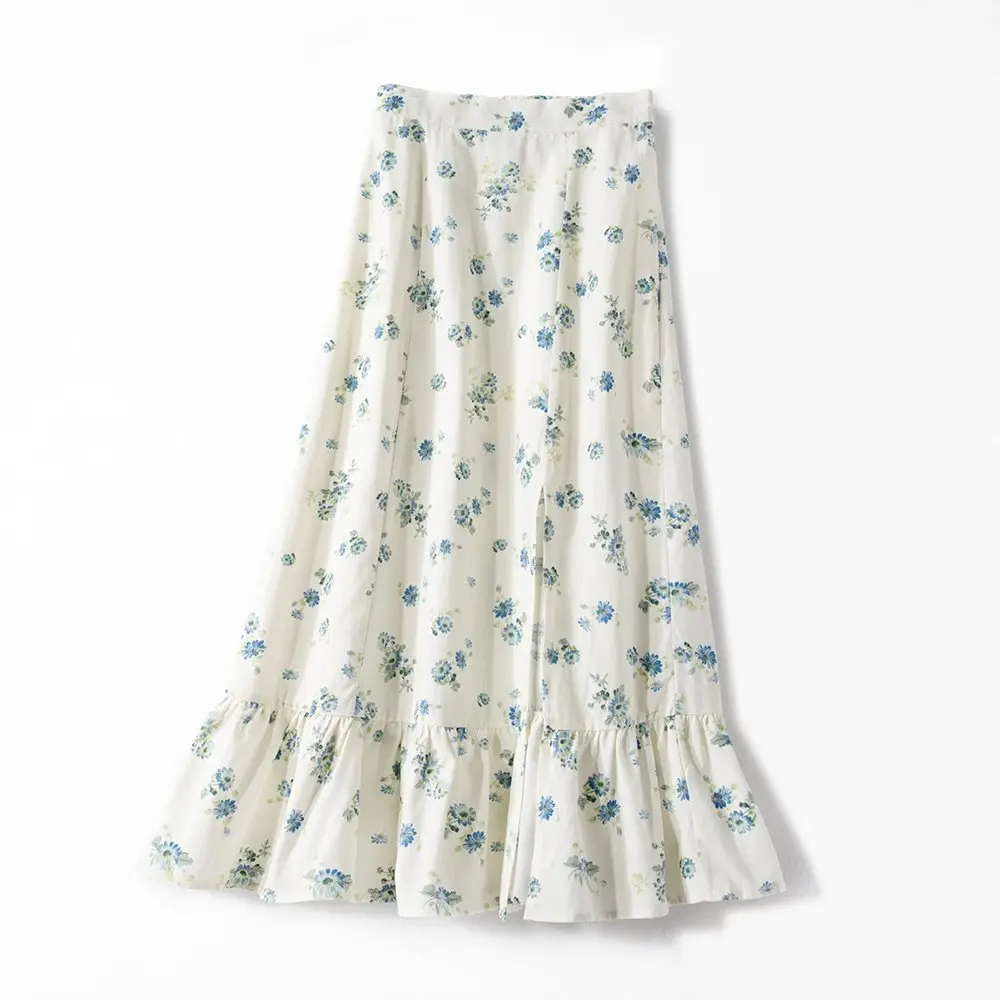 Женская льняная юбка миди с высокой талией и цветочным принтом весна лето