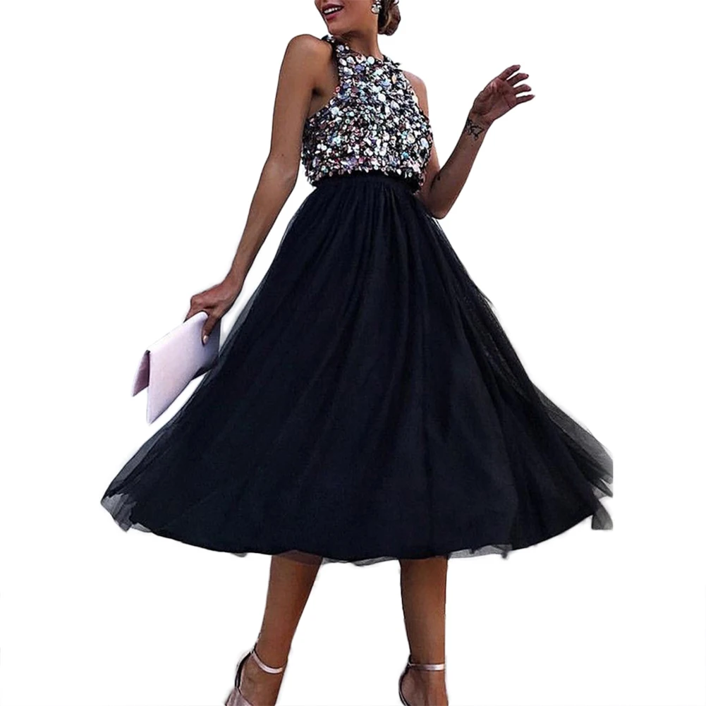 

Women Halter Sequin Dress Sleeveless Large Swing Dress Spring Summer Beach Party Holiday -OPK