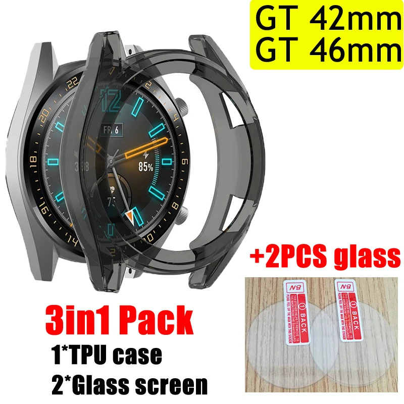 3 в 1 упаковка ТПУ чехол для Huawei Watch GT 42 мм 46 часов Силиконовый защитный стеклянная