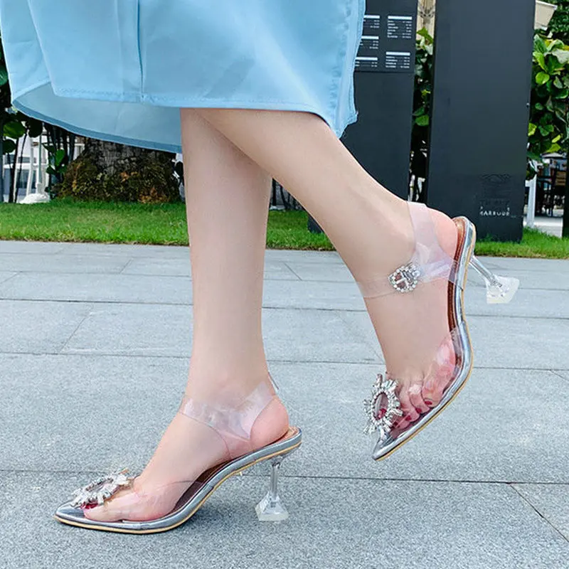 Женские босоножки с кристаллами летние прозрачные туфли на высоком каблуке