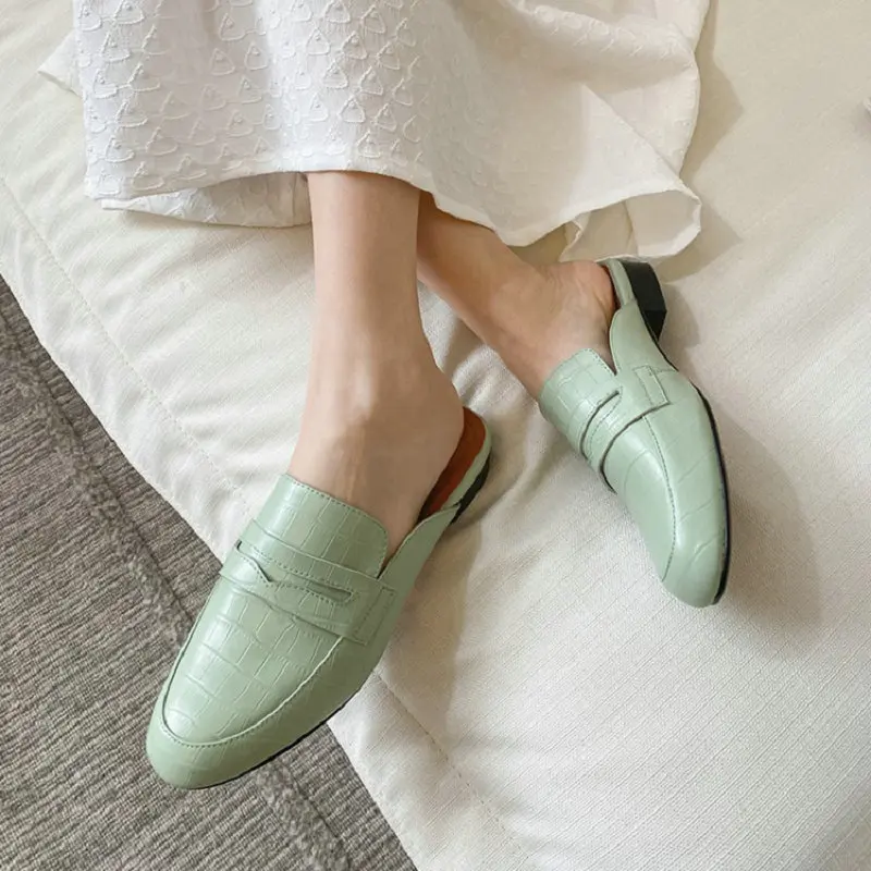 

Sianie Tianie 2021 Summer Chic Mint Green Genuine Natural Leather Casual Flats Slides Womens Outdoor Slippers Mules Big Size 43