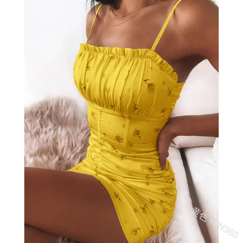 

WEPBEL Summer Fashion Sleeveless Spaghetti Strap Square Collar Pleated Dress Women's Sexy Floral Slim Print Dress