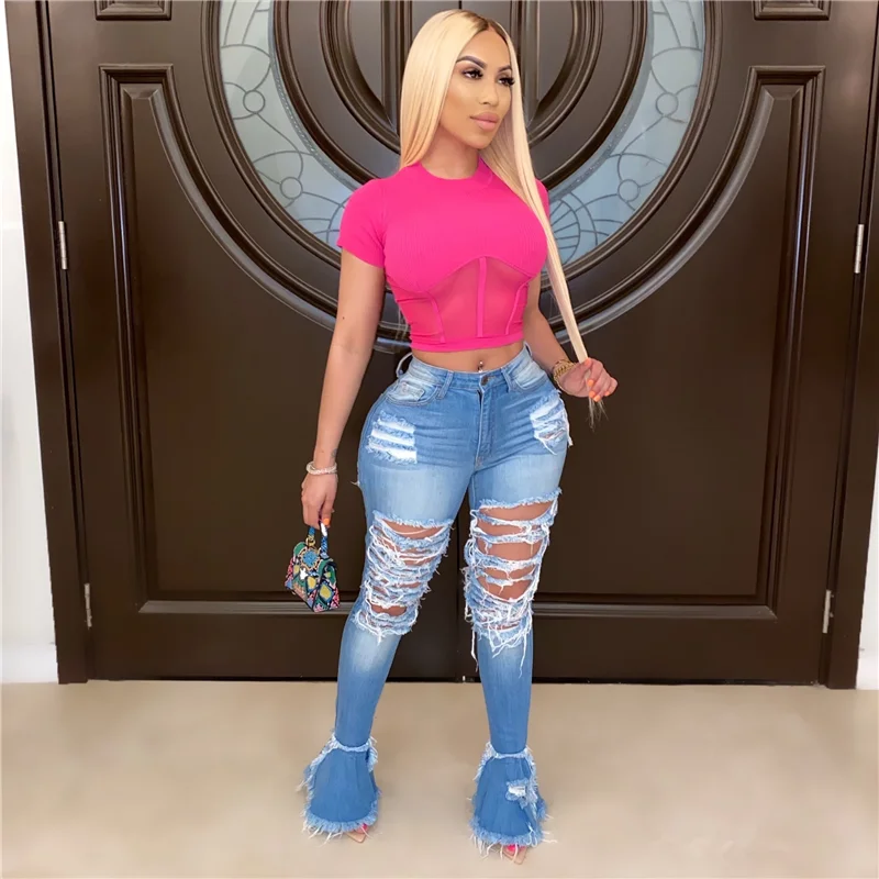 

2020 New Design Wholesale Women Fashion Denim Stacked Jeans Casual Flare Jeans 3XL 4XL Plus Size Pants Wholesale Dropshpping