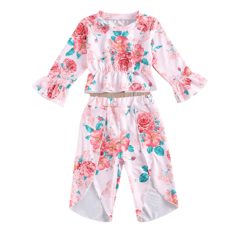 

Pudcoco 2 Piece Baby Top Pants Suit Full Length Flare Sleeve Round Neck Floral Printed Pullover T-shirt Trousers Sets