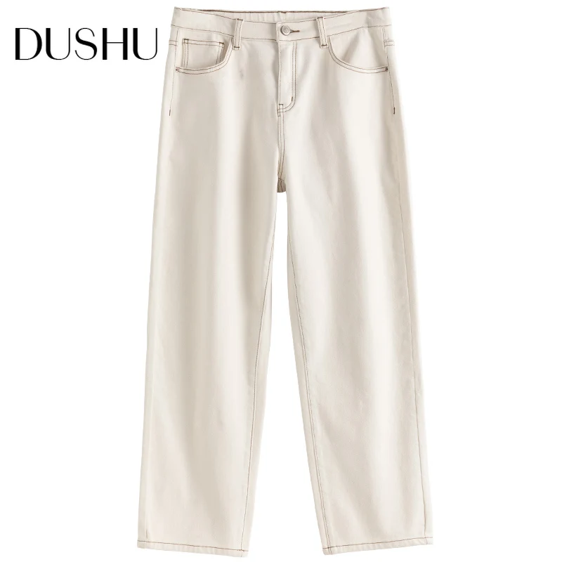 

DUSHU Plus size casual white straight jeans Women autumn winter boyfriends high waist jeans Female oversize vintage denim pants