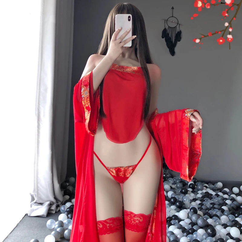 

Red Women Sexy Cosplay Costume Classical Robe with Bellyband Erotic Pajamas Sexy Nightdress Transparent Sleepwear for Ladies