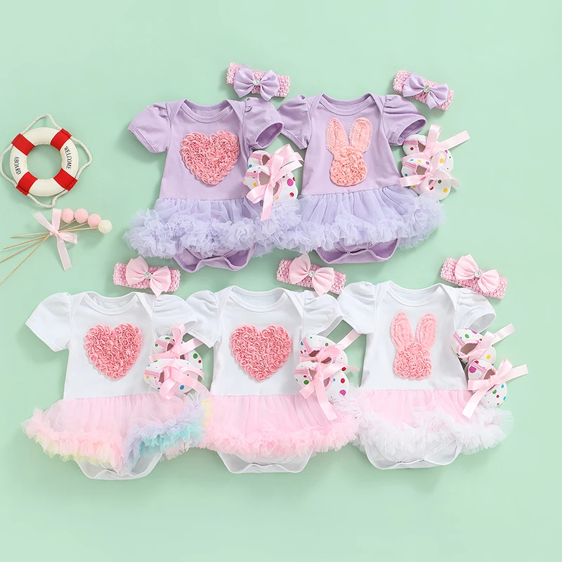 

Летний комбинезон для новорожденных девочек, комбинезоны с коротким рукавом и рисунком сердца/кролика, комбинезоны с оборками, платье, печа...