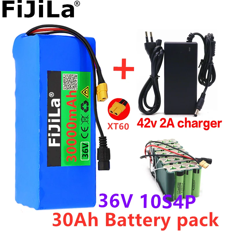 

36V 10S4P 30Ah 500W high capacity 42V 18650 lithium battery pack 30000mAh electric bicycle scooter with BMS XT60 Plug + charger