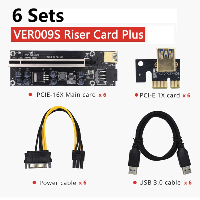 

6 Sets Riser Card VER009S Plus 1X To 16X Extender PCIE PCI PCI-E 009S Plus Riser 6Pin Graphics Extension Cable GPU Miner Mining