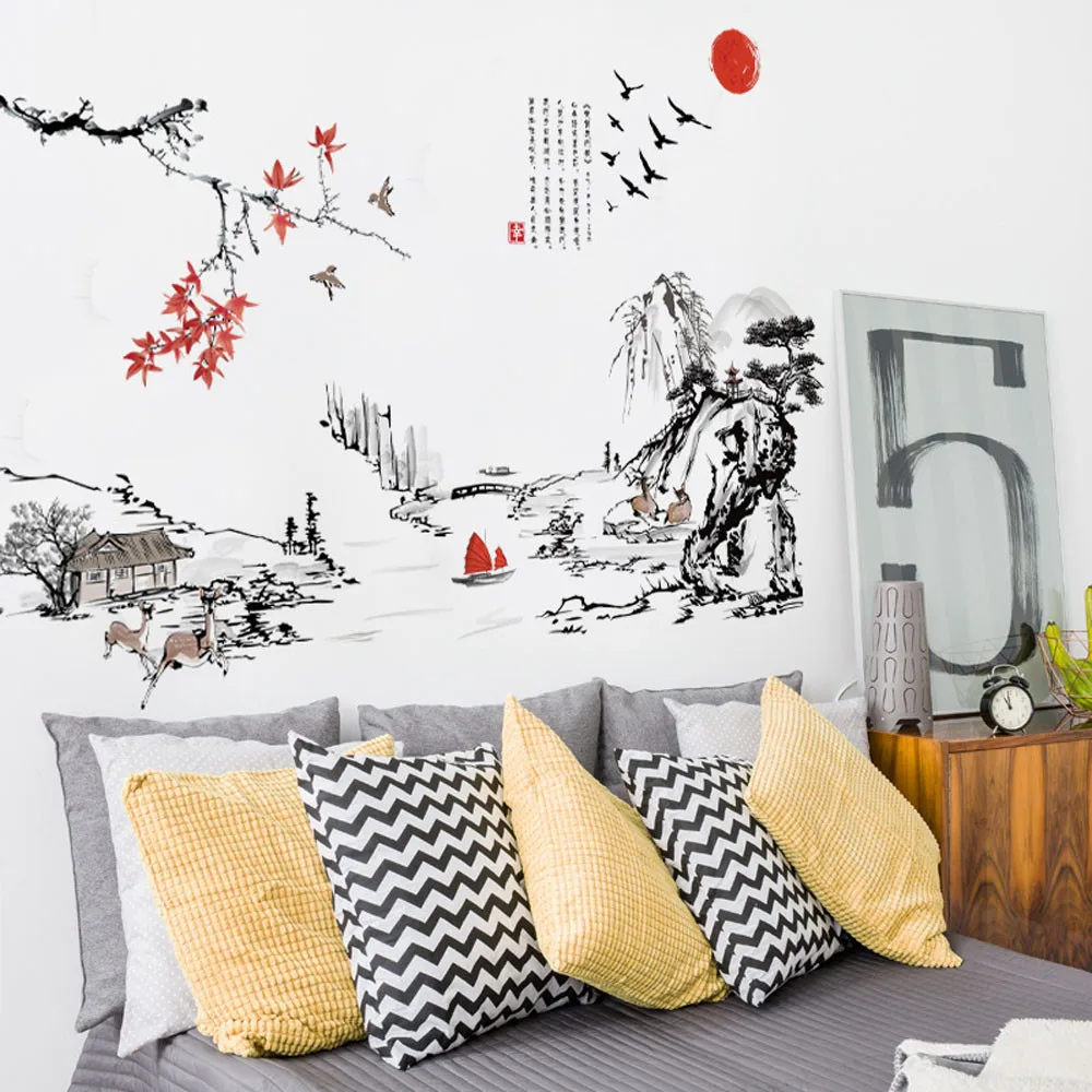 

KAKUDER Chinese style landscape painting Wall Stickers DIY Removable Decal Family Sticker Mural Art Home Decor adesivo de parede