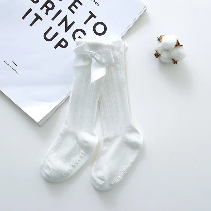 Calcetines largos hasta la rodilla con lazo grande para ni&ntilde;as, medias suaves de encaje de algod&oacute;n para beb&eacute;s, medias de kniekousen meisje, env&iacute;o directo-1