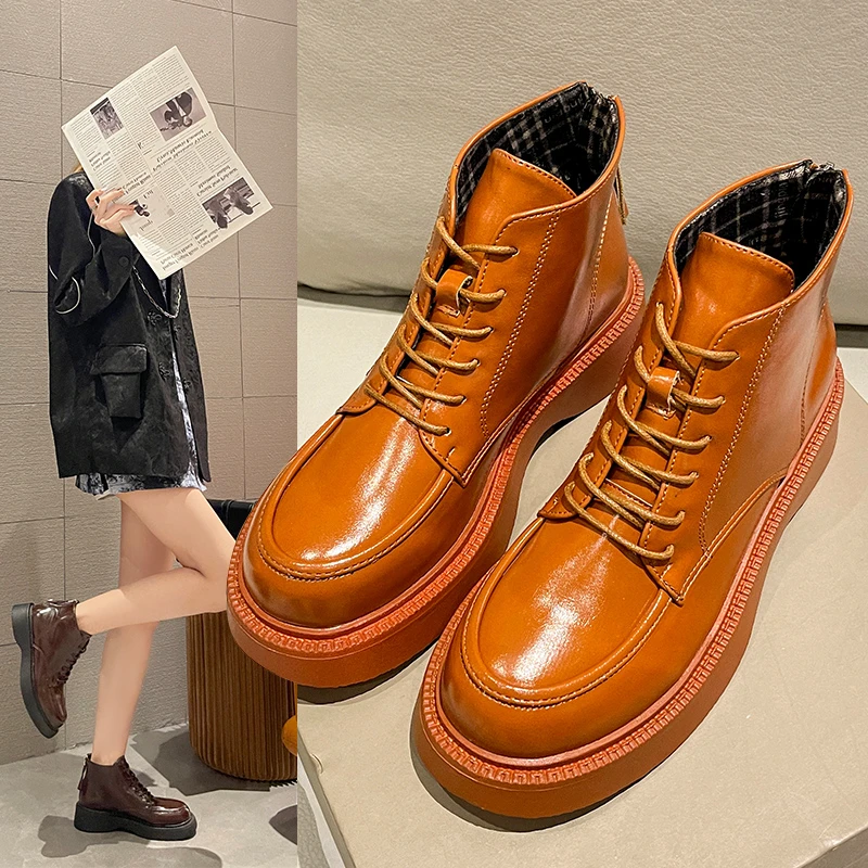 

Ботильоны на шнуровке на плоской подошве, модная новинка зимы 2021, женские спортивные мотоциклетные ботинки на платформе, повседневная женс...