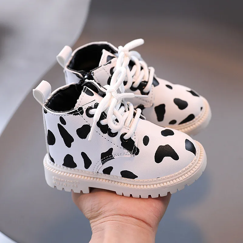 

Girls Boys Spotted Fashion Boots Non-slip Soft Bottom Side Zipper Leather Boots Waterproof Warm all-match Spring Autumn 21-30