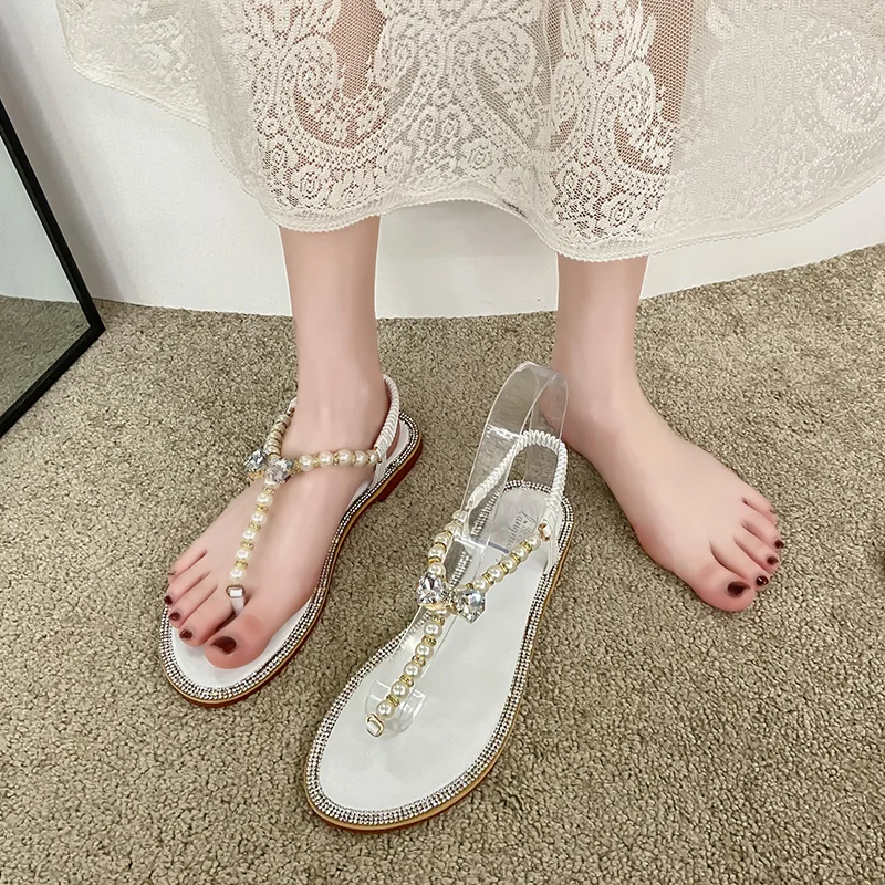 

Beige Heeled Sandals Low-Heeled Shoes With Strap 2021 Summer Black Pearl Low-heeled Clear Girls Fashion Retro Flat New Comfort P