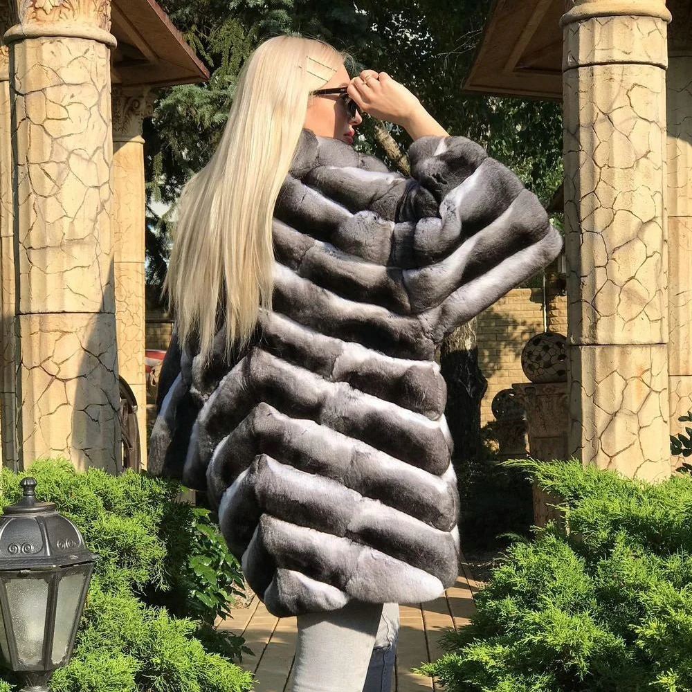 Luxury Women Real Rex Rabbit Fur Coat with Turn-down Collar Fashion Chinchilla Color Genuine Rex Rabbit Fur Coats Whole Skin enlarge