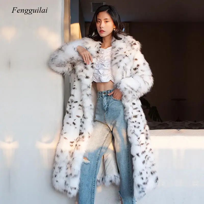 Women's Fur Coat Imitation Fox Fur Coat Black Spot Leopard Print Long Size Warm In Winter