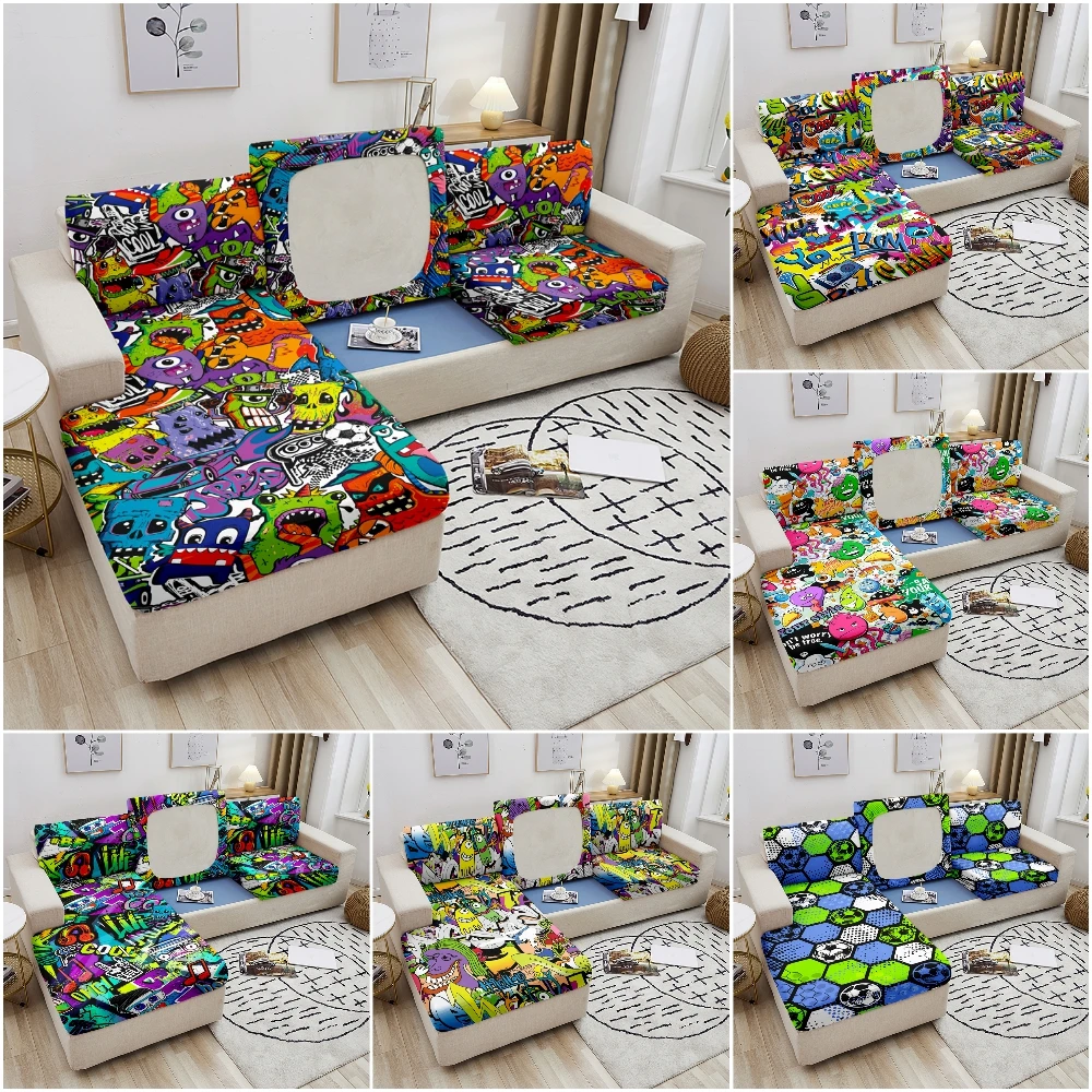 

Hippie Stretch Couch Cushion Cover Graffiti Cushion Slipcover for Chair Loveseat Sofa Cushion Furniture Protector Sofa SeatCover