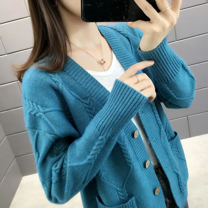 

Korean Style Sweater Coat Women Pocket Solid Color Knitted Cardigan Pink Red Loose Autumn 2020 Femme Single Breasted Sweaters