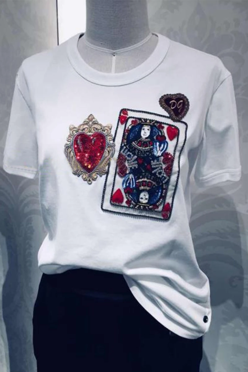 Женская футболка с вышивкой в виде покера белая мягкая свободная коротким