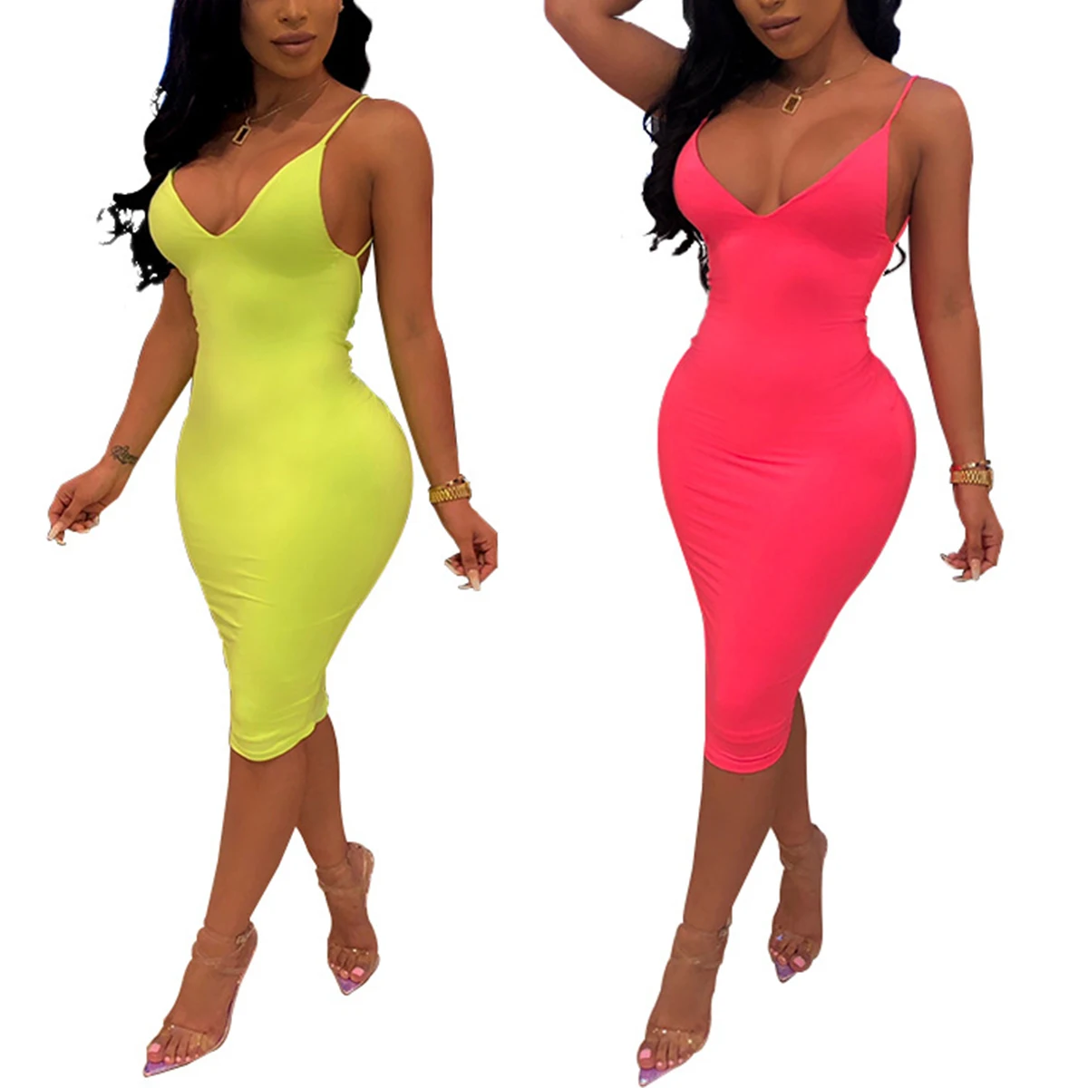 

Women Solid Color Dress, Slim Deep V Neck Spaghetti Strap Dress Fashion Backless High Waist Clothes