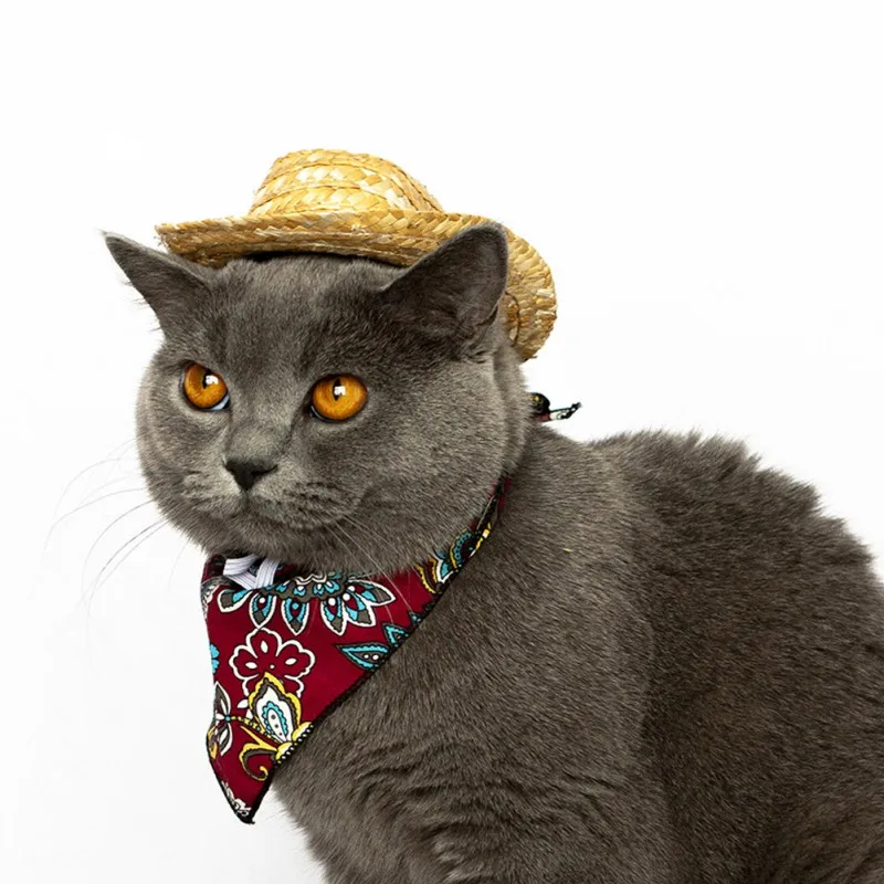 

1PC Hand-woven Straw Pet Cat Hats Straw Sun Caps Doggy Kitten Supplies Hawaii Style Dog Accessories Cats Caps Country Style Hat
