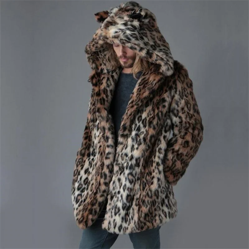 

Новое мужское меховое пальто куртки с леопардовым принтом одежда средней длины теплая плотная ветровка осень-зима шубка с капюшоном искуб