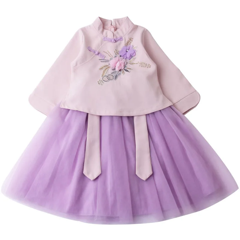 Комплект детской одежды для девочек Hanfu 2019 модные осенне зимние топы и платье