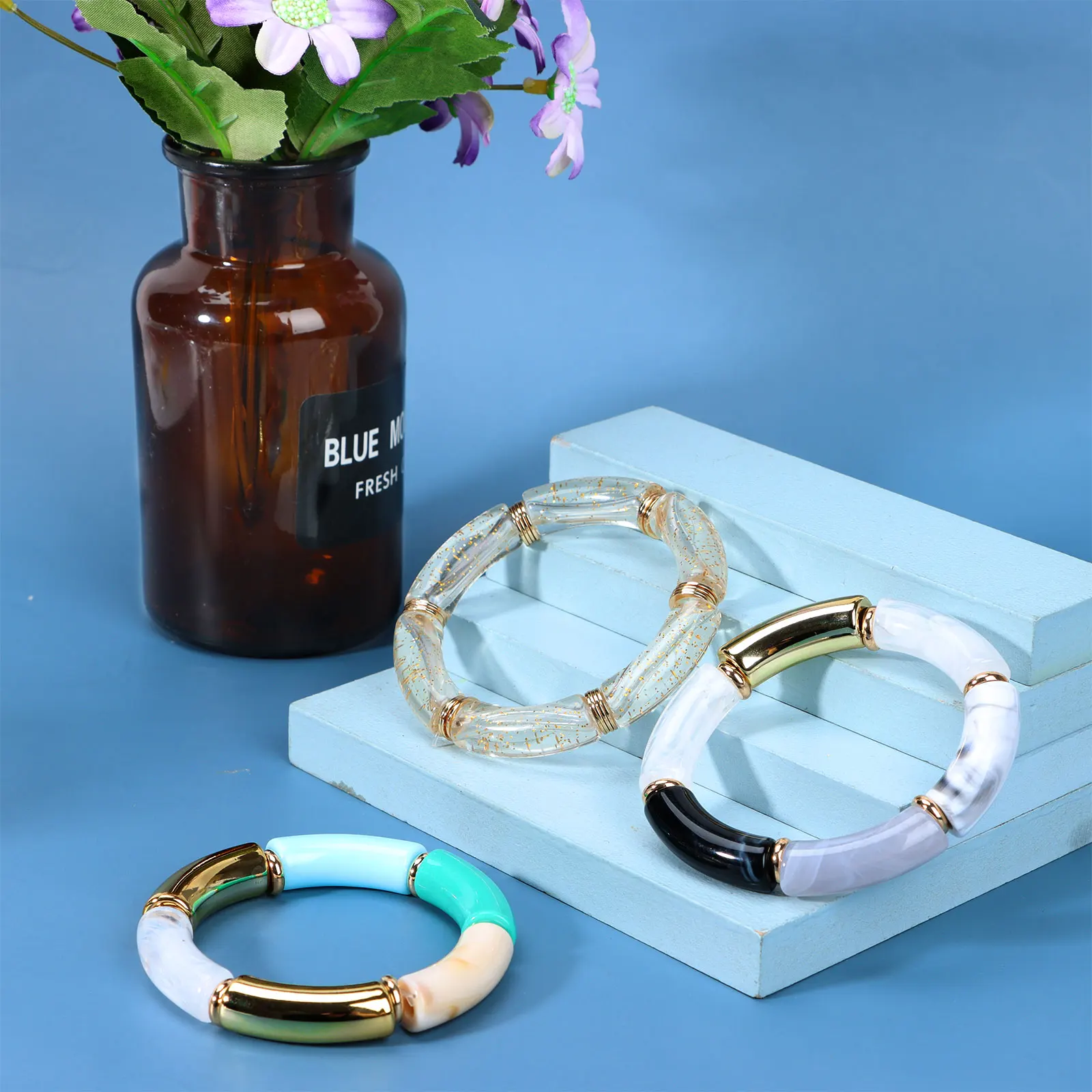 

1PCS Colorful Bamboo Tube Elastic Bracelet Acrylic Tube Brass Material Spacers