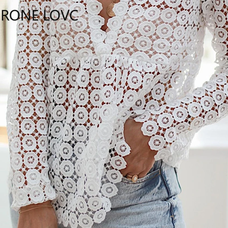 

Women Guipure Lace Plunge Long Sleeve Top Plain Blouse Women Summer Tops