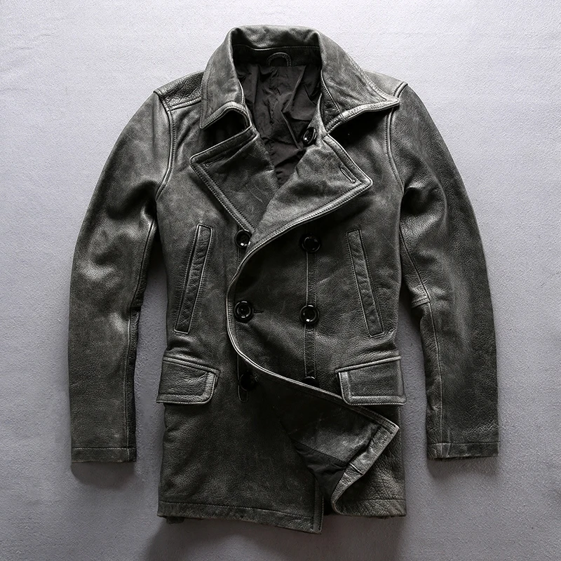 

Read Description! A1657 Asian Size Super Quality Excellent Cow Leather Winter Jacket Men's Classic Cowhide Pea Coat